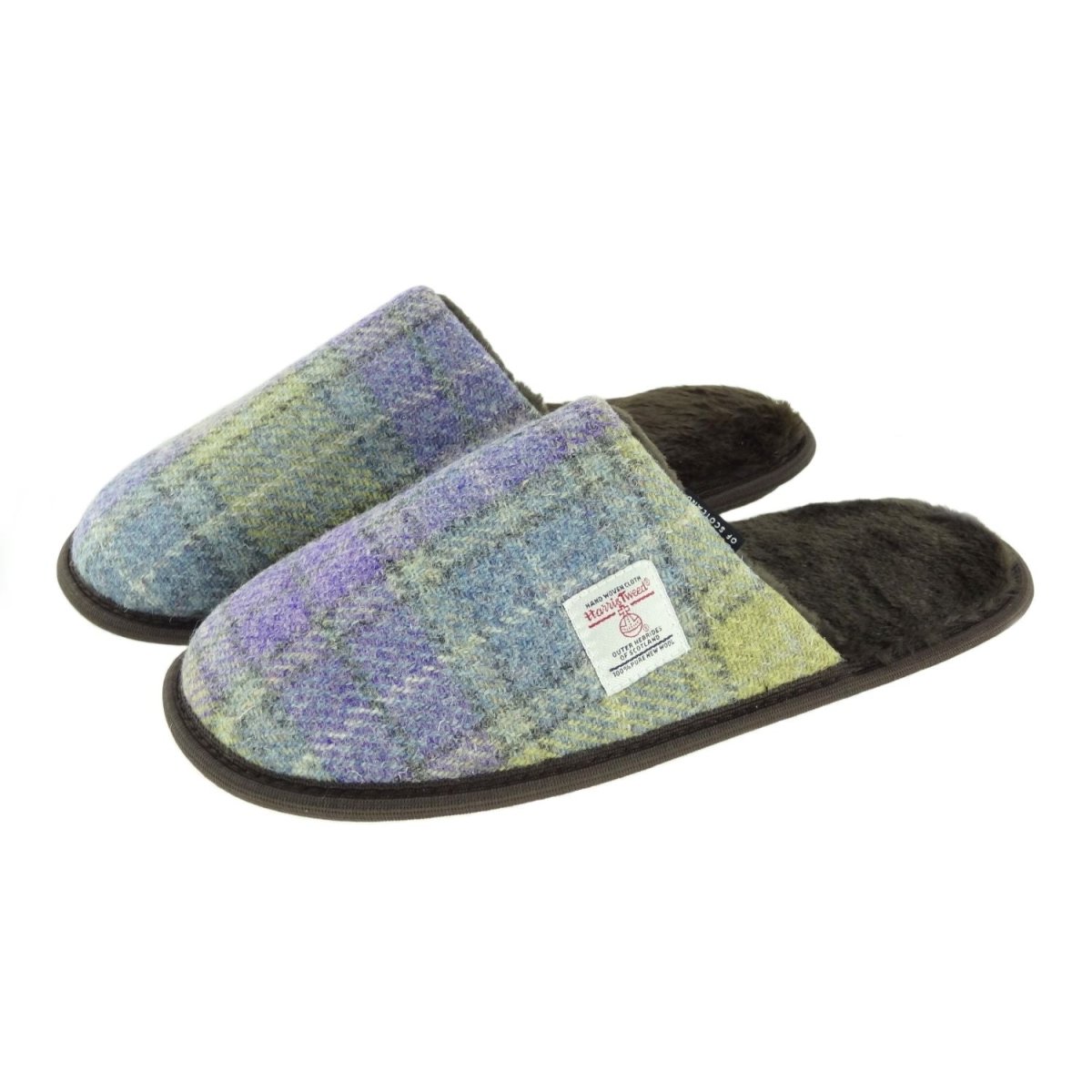 Harris Tweed Slippers - Warm Wool Tartan House Slippers - Muted Lilac and Lime Green Tartan (COL112) - Heritage Of Scotland - EU 37 / UK 4