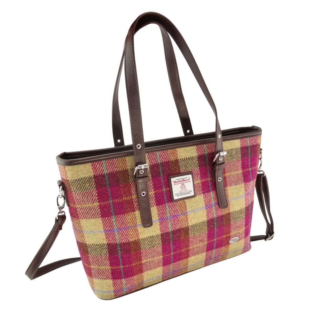 Harris Tweed Spey Tote Bag - Large Adjustable Shoulder Tote - Burgundy & Sand Tartan (COL159) - Heritage Of Scotland -