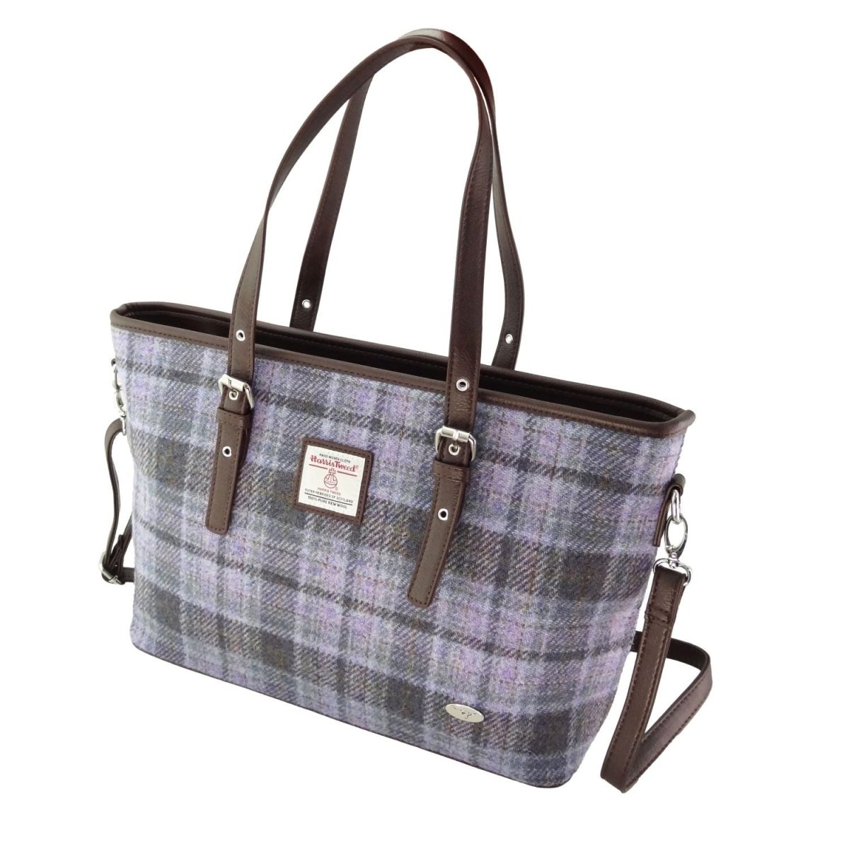 Harris Tweed Spey Tote Bag - Large Adjustable Shoulder Tote - Soft Purple Tartan(COL155) - Heritage Of Scotland -