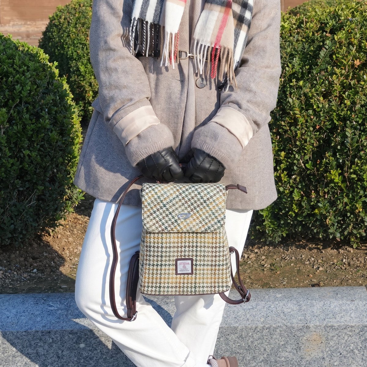 Harris Tweed Tummel Mini Backpack - Small Backpack with Phone Pocket - Muted Lilac with Lime Green Tartan (COL112) - Heritage Of Scotland -