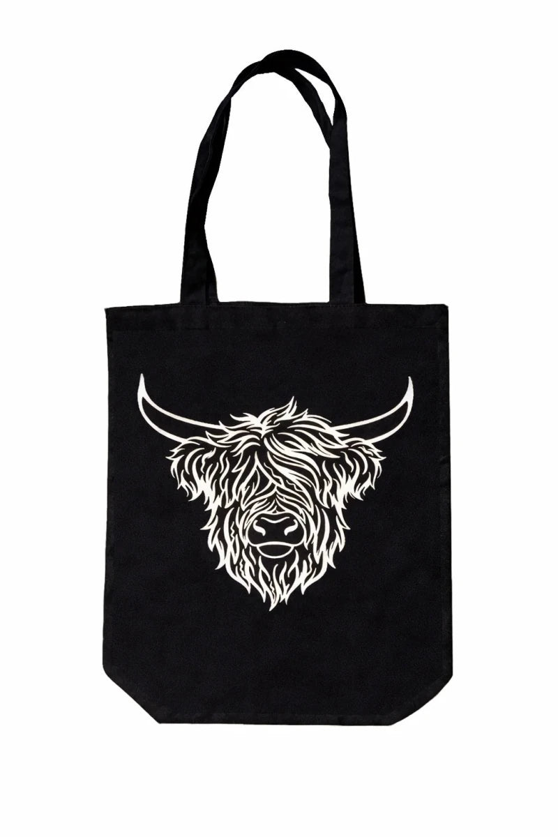 Highland Cow Tote Bag – Black Cotton Reusable Shopping & Everyday Bag - Heritage Of Scotland -