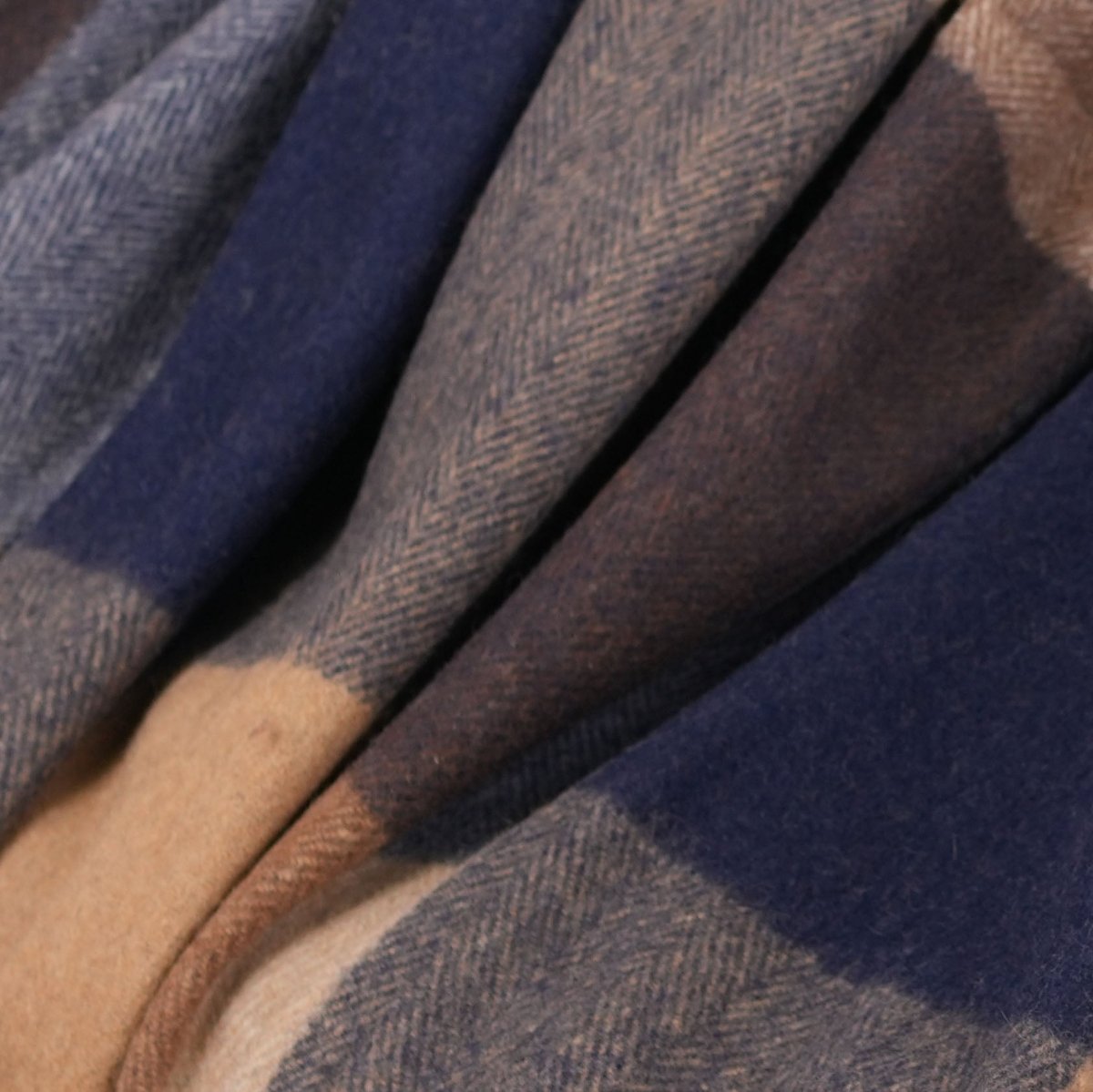 Highland Earth Tone Block Check Recycled Wool Blend Blanket - CAMEL NAVY - Heritage Of Scotland -
