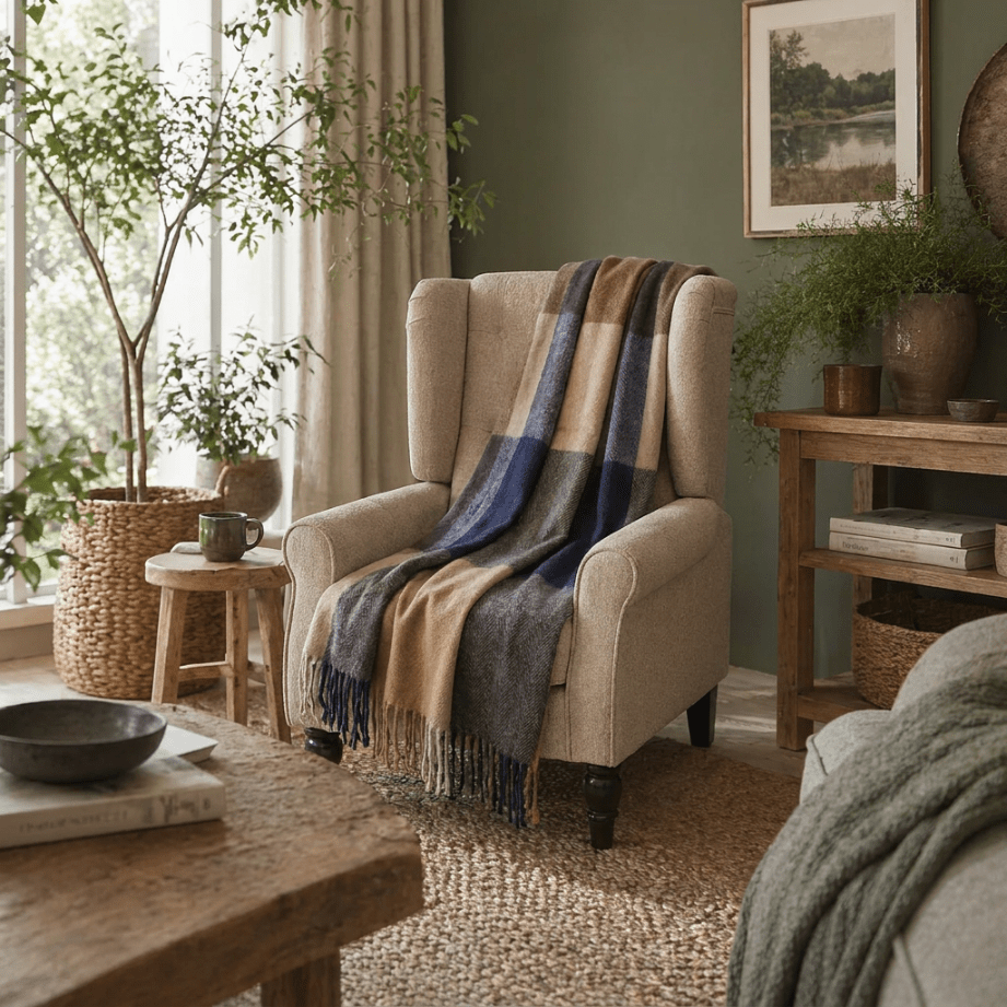 Highland Earth Tone Block Check Recycled Wool Blend Blanket - CAMEL NAVY - Heritage Of Scotland -