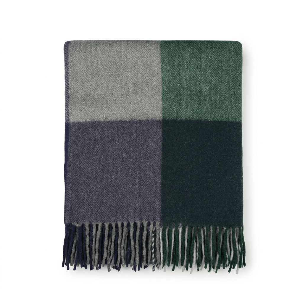 Highland Earth Tone Block Check Recycled Wool Blend Blanket - GREEN NAVY - Heritage Of Scotland -