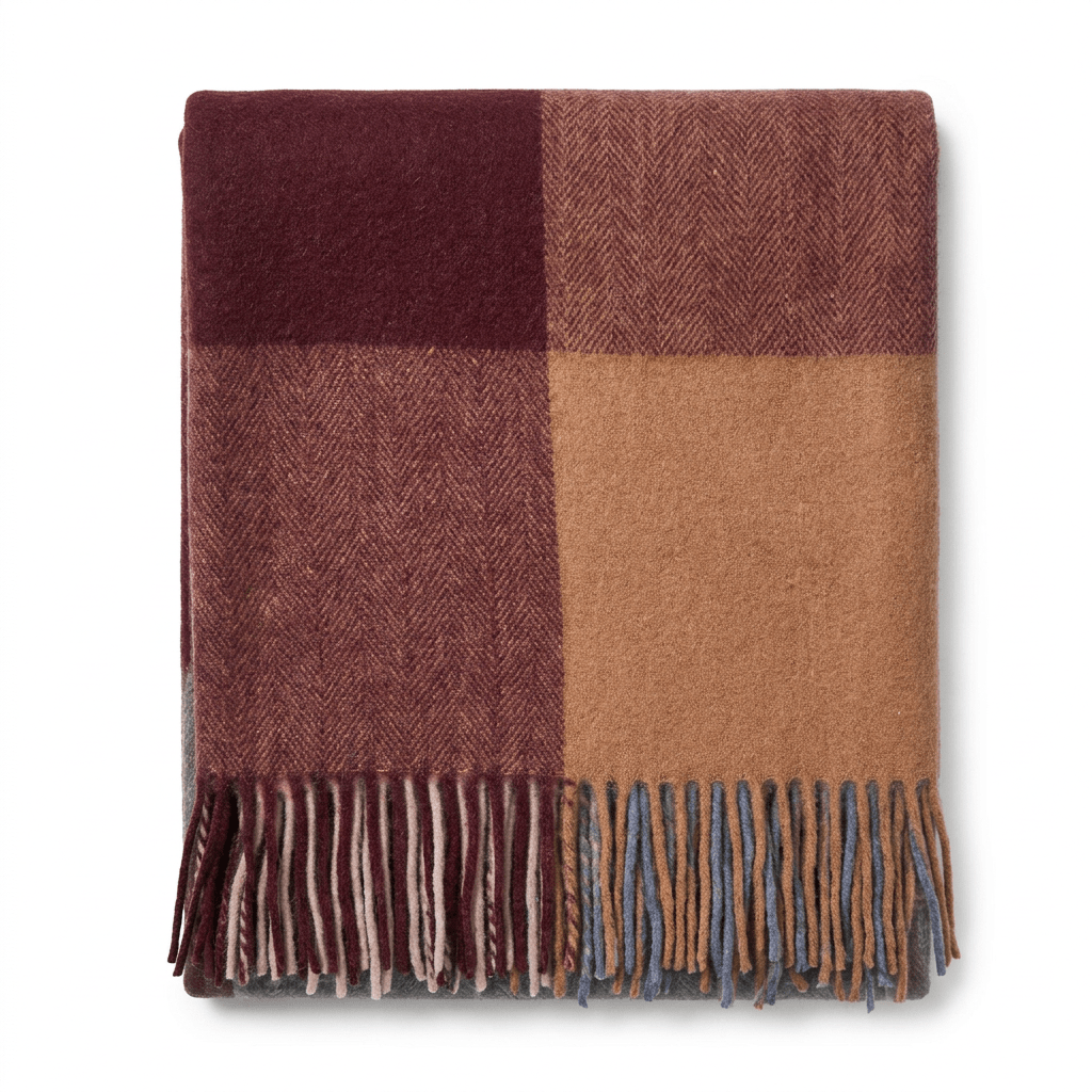 Highland Earth Tone Block Check Recycled Wool Blend Blanket - MULTI MAROON BLUE - Heritage Of Scotland -