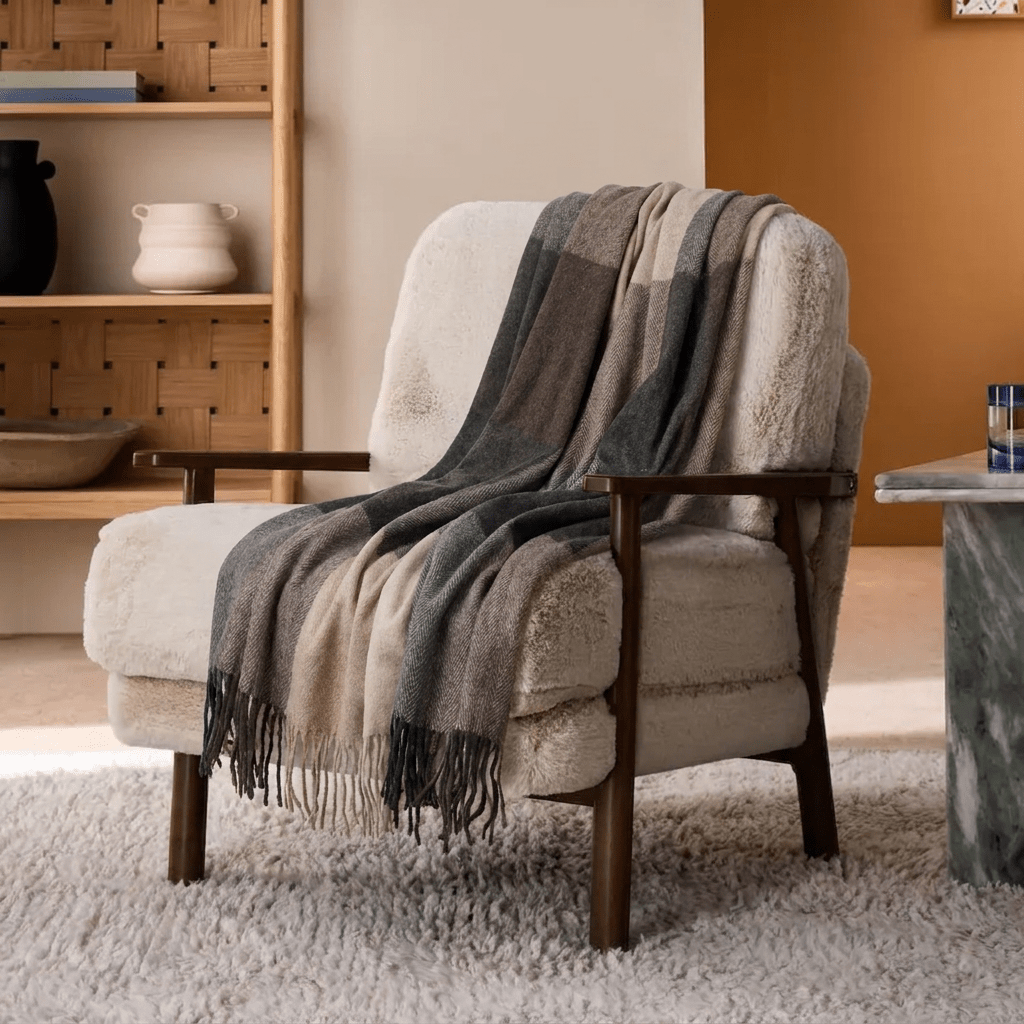 Highland Earth Tone Block Check Recycled Wool Blend Blanket - NATURAL TAUPE - Heritage Of Scotland -