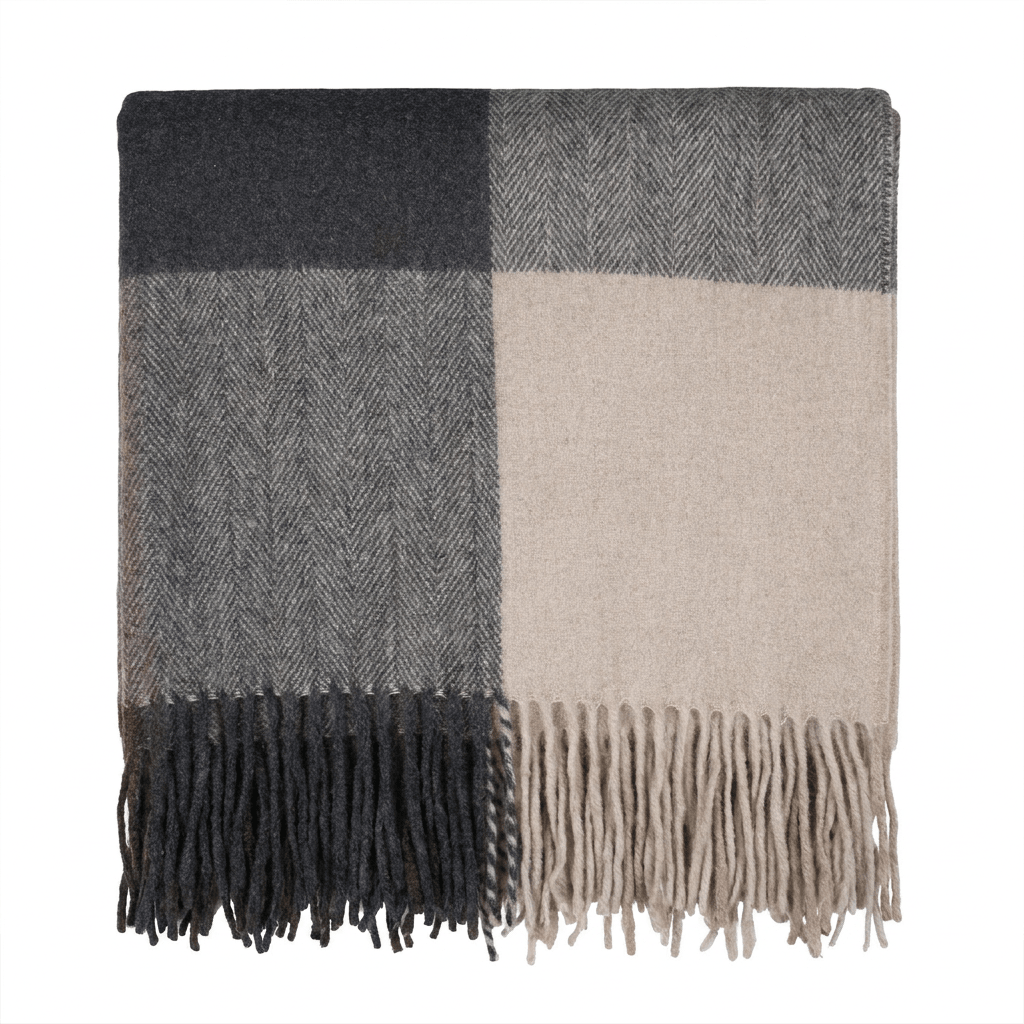 Highland Earth Tone Block Check Recycled Wool Blend Blanket - NATURAL TAUPE - Heritage Of Scotland -