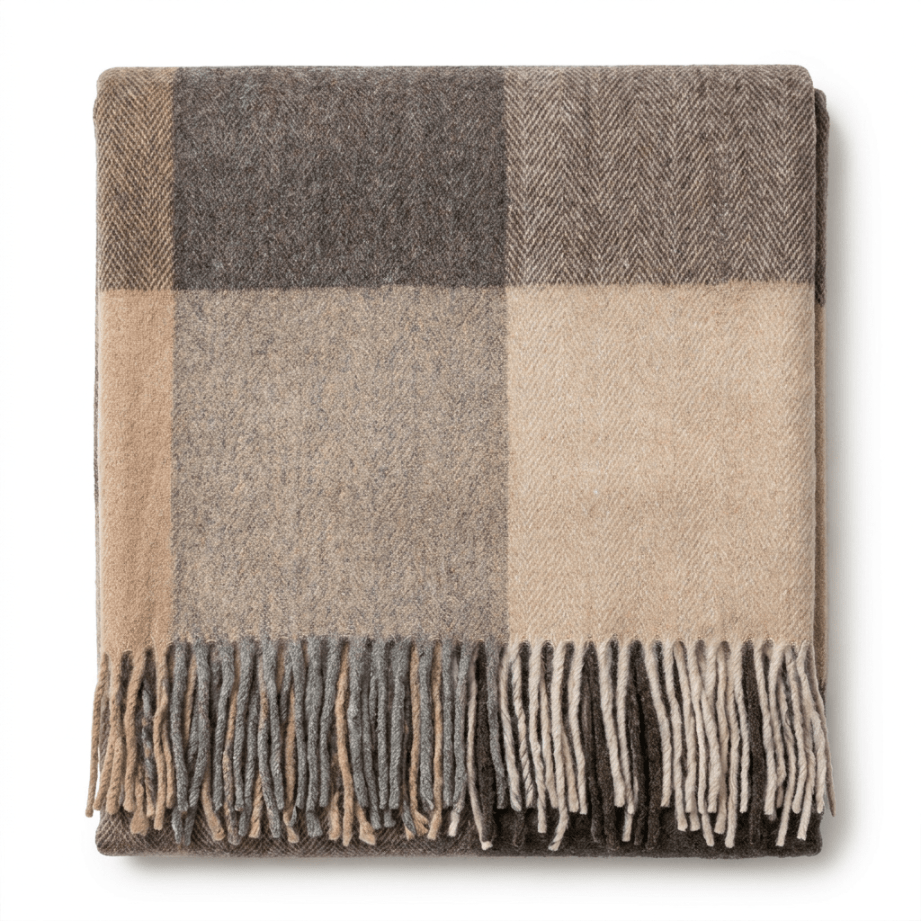 Highland Earth Tone Block Check Recycled Wool Blend Blanket - SOFT STONE - Heritage Of Scotland -