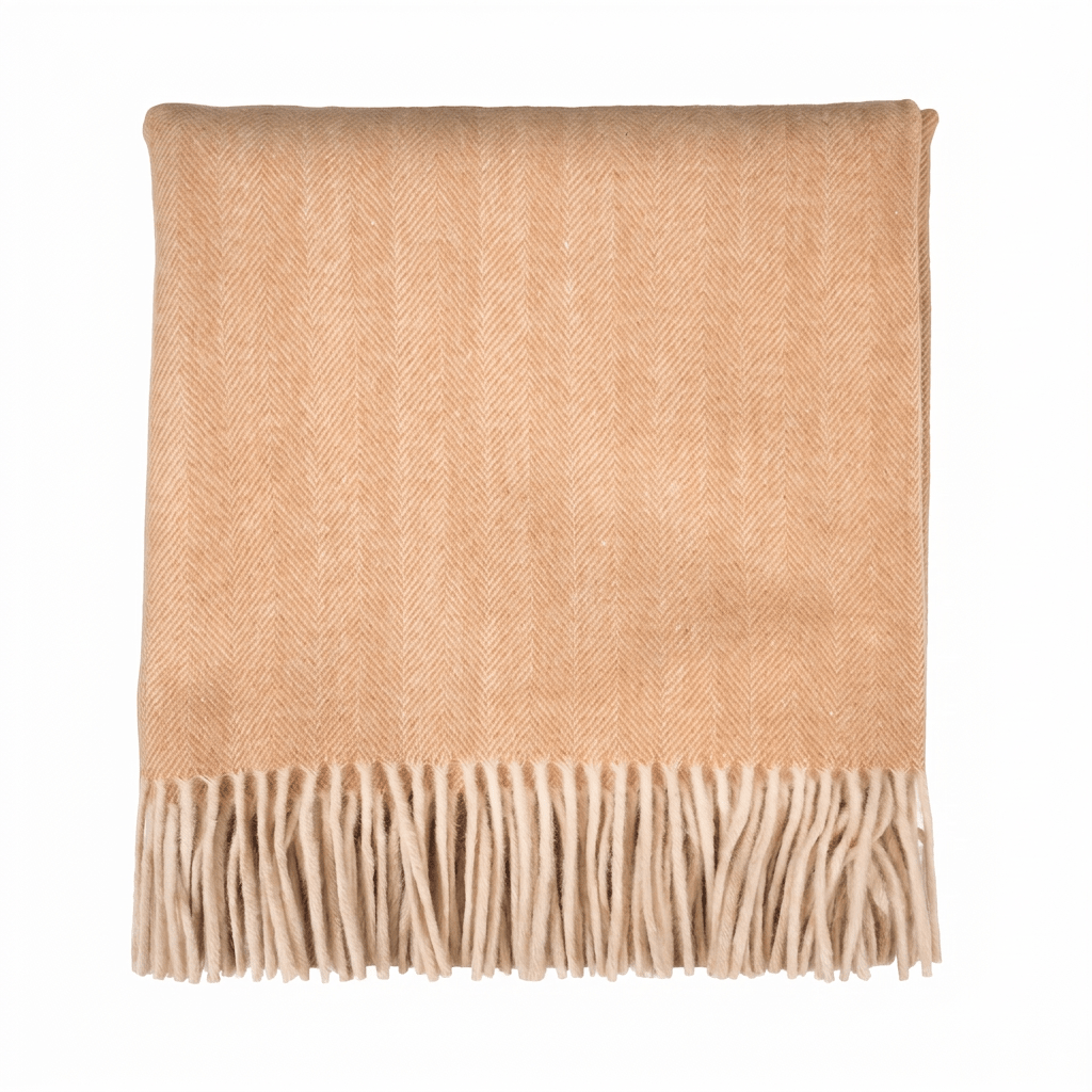 Highland Herringbone Wool Blend Throw Blanket with Tasselled Fringe - CINNAMON LATTE - Heritage Of Scotland -