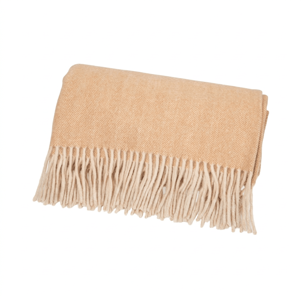 Highland Herringbone Wool Blend Throw Blanket with Tasselled Fringe - CINNAMON LATTE - Heritage Of Scotland -