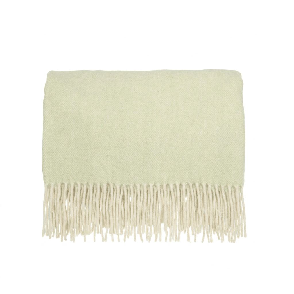 Highland Herringbone Wool Blend Throw Blanket with Tasselled Fringe - SAGE GREEN - Heritage Of Scotland -