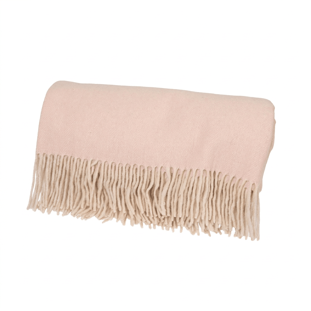 Highland Herringbone Wool Blend Throw Blanket with Tasselled Fringe - SOFT PINK - Heritage Of Scotland -