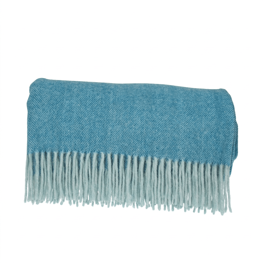 Highland Herringbone Wool Blend Throw Blanket with Tasselled Fringe - TURQUOISE - Heritage Of Scotland -