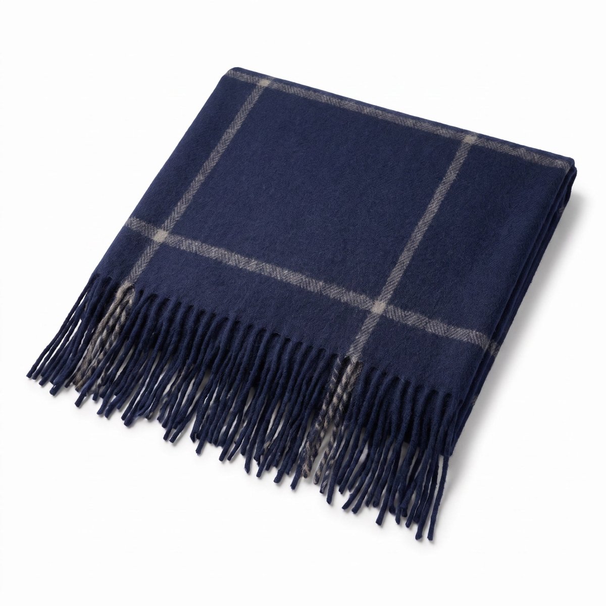 Highland Windowpane Wool Blend Throw Blanket with Tasselled Fringe - BLACK IRIS AND LATTE - Heritage Of Scotland -
