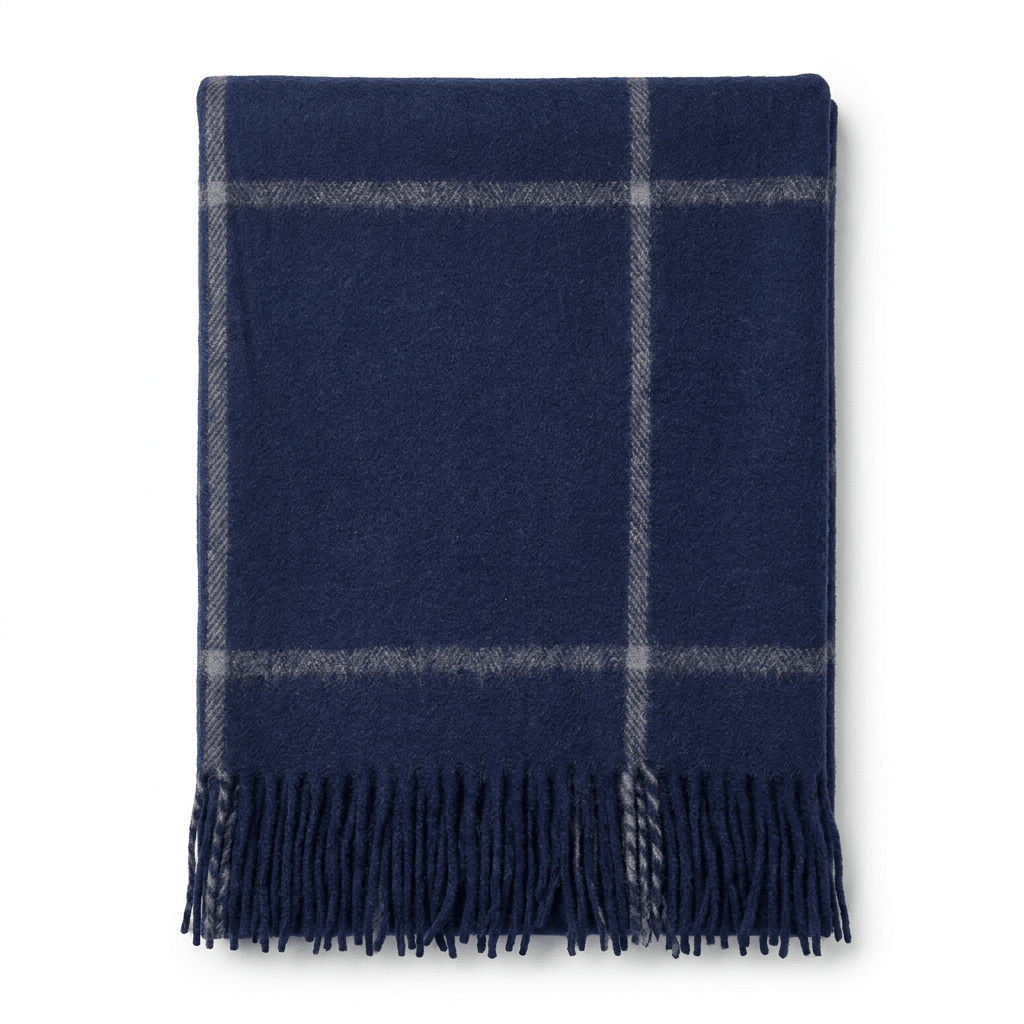 Highland Windowpane Wool Blend Throw Blanket with Tasselled Fringe - BLACK IRIS AND LATTE - Heritage Of Scotland -