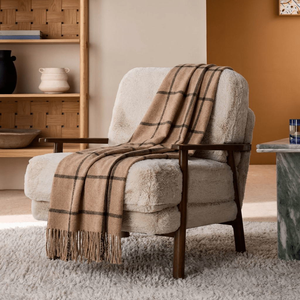 Highland Windowpane Wool Blend Throw Blanket with Tasselled Fringe - DUNE - Heritage Of Scotland -