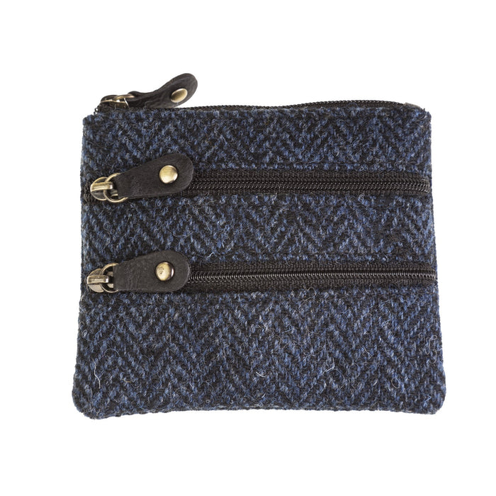 Ht Leather Coin Purse Navy Blue Herringbone / Black - Heritage Of Scotland - NAVY BLUE HERRINGBONE / BLACK