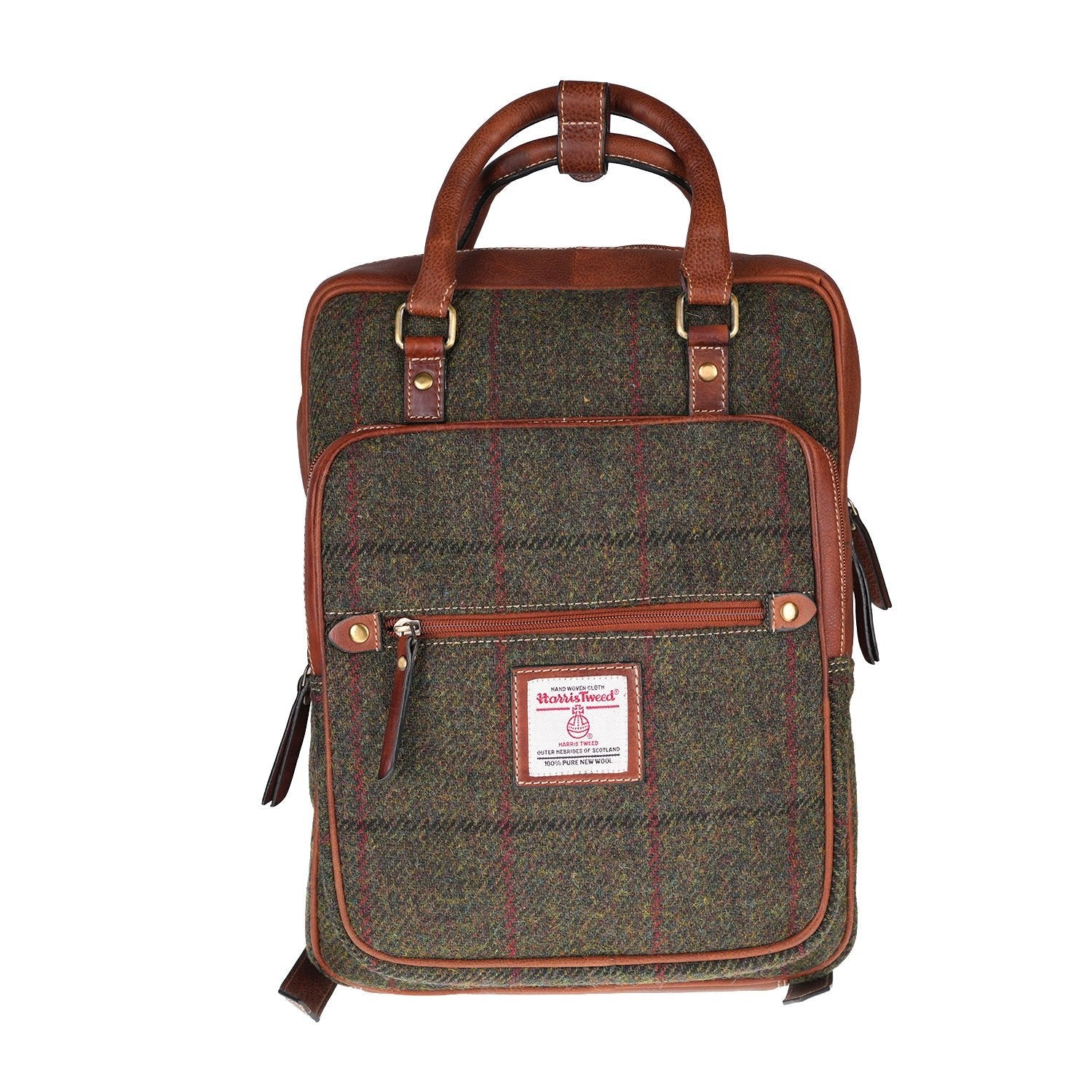 Ht Leather Large Backpack Dark Green Check / Tan - Heritage Of Scotland - DARK GREEN CHECK / TAN