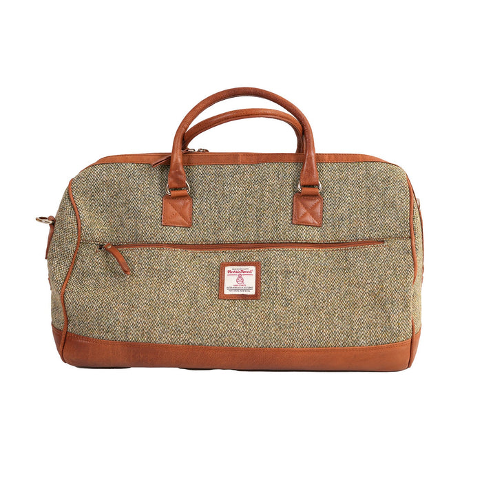 HT LEATHER WEEKENDER BAG - Heritage Of Scotland - GREEN & WHITE BARLEYCORN / TAN