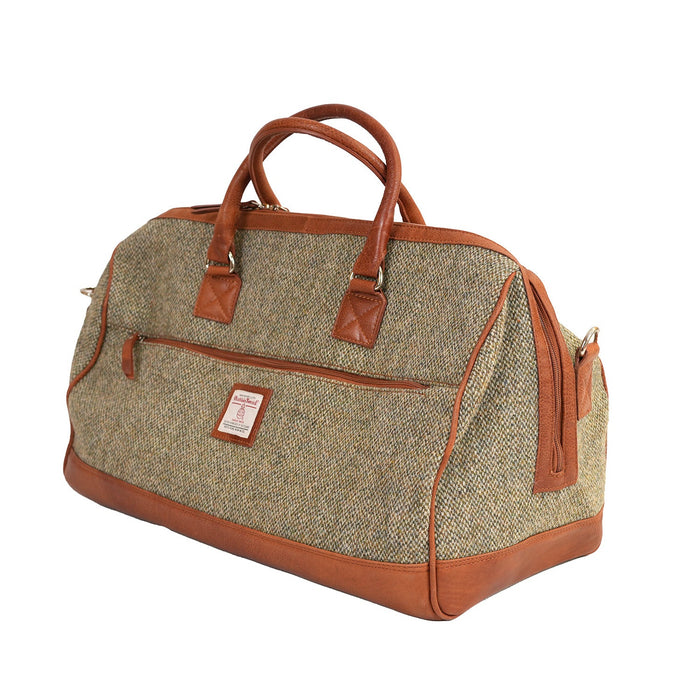 HT LEATHER WEEKENDER BAG - Heritage Of Scotland - GREEN & WHITE BARLEYCORN / TAN