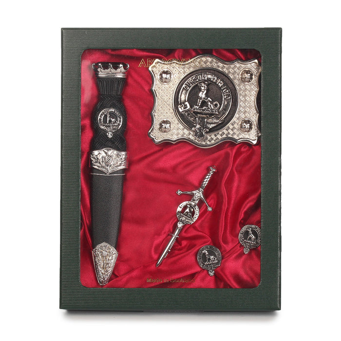 Hunter Clan Badge, Kilt Pin, Lapel Pin, Cufflinks, Keyring/Key Fob & Gift Set — Fine Pewter by Art Pewter — Made in Scotland (Shiny Finish) - Heritage Of Scotland - Gift Set