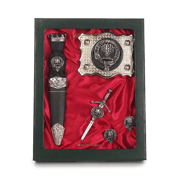 Johnstone Clan Badge, Kilt Pin, Lapel Pin, Cufflinks, Keyring/Key Fob & Gift Set — Fine Pewter by Art Pewter — Made in Scotland (Shiny Finish) - Heritage Of Scotland - Gift Set