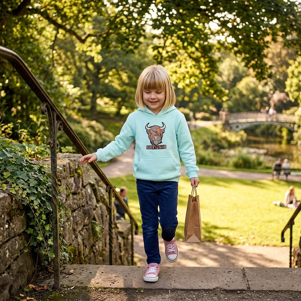 Kids Pastel Highland Cow Hoodie Aqua – Warm Scotland Hoodie for Children - Heritage Of Scotland - AQUA