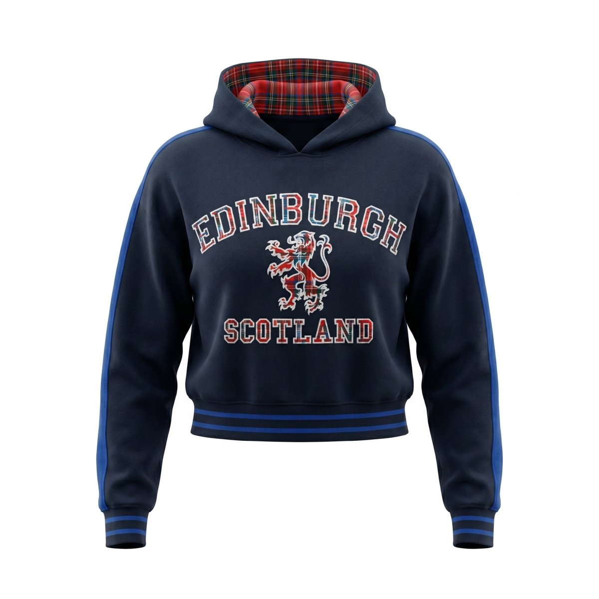 Ladies Edinburgh Lion Cropped Hoodie – Navy Tartan Pullover - Heritage Of Scotland - S