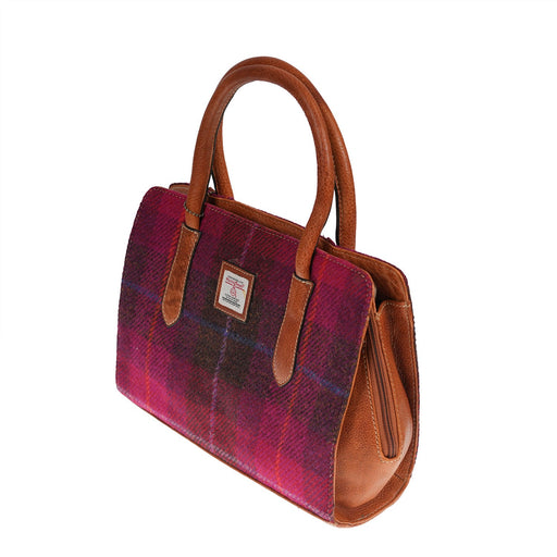 Ladies Ht Leather Hand Bag Cerise Check / Tan - Heritage Of Scotland - CERISE CHECK / TAN