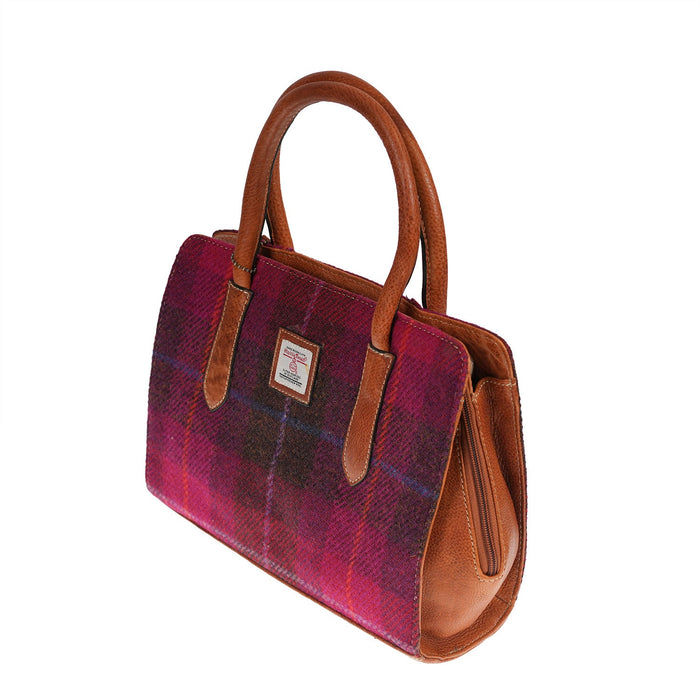 Ladies Ht Leather Hand Bag Cerise Check / Tan - Heritage Of Scotland - CERISE CHECK / TAN