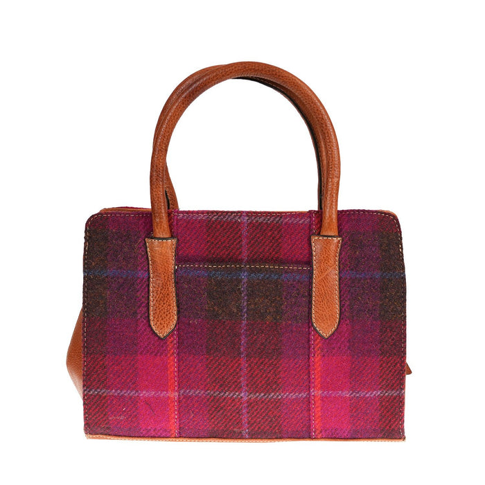Ladies Ht Leather Hand Bag Cerise Check / Tan - Heritage Of Scotland - CERISE CHECK / TAN
