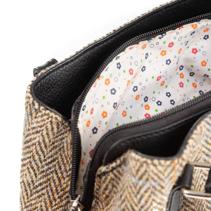 Ladies Ht Leather Hand Bag Tan & Brown Herringbone / Black - Heritage Of Scotland - TAN & BROWN HERRINGBONE / BLACK