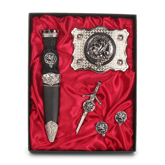 Leslie Clan Badge, Kilt Pin, Lapel Pin, Cufflinks, Keyring/Key Fob & Gift Set — Fine Pewter by Art Pewter — Made in Scotland (Shiny Finish) - Heritage Of Scotland - Gift Set