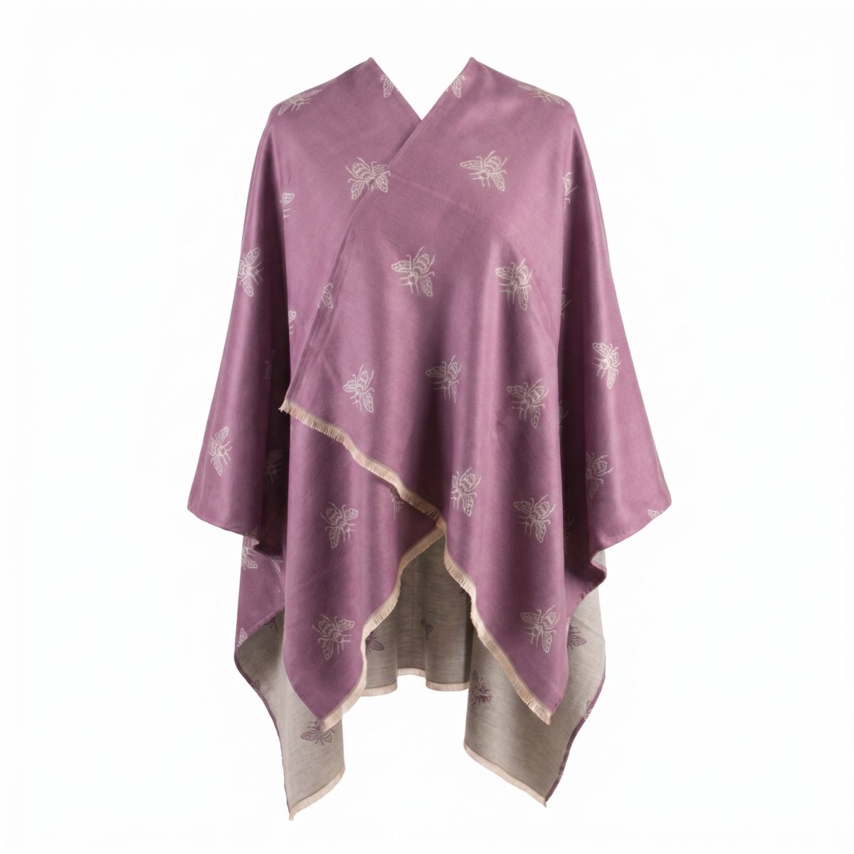 Lilac Bee Print Reversible Wrap Cape for Women - PURPLE AND LIGHT GREY - Heritage Of Scotland -