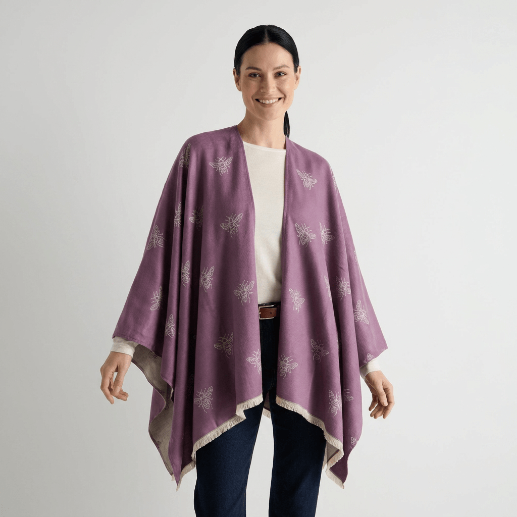Lilac Bee Print Reversible Wrap Cape for Women - PURPLE AND LIGHT GREY - Heritage Of Scotland -