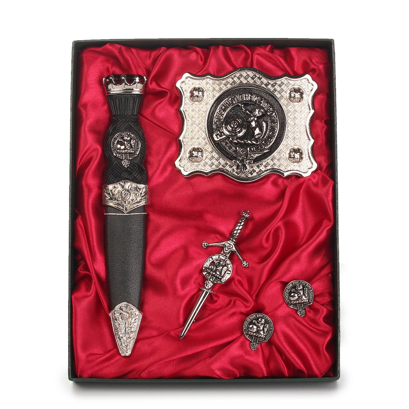 MacBean Clan Badge, Kilt Pin, Lapel Pin, Cufflinks, Keyring/Key Fob & Gift Set — Fine Pewter by Art Pewter — Made in Scotland (Shiny Finish) - Heritage Of Scotland - Gift Set