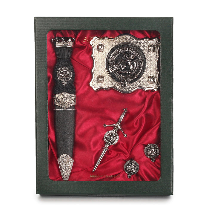 MacBean Clan Badge, Kilt Pin, Lapel Pin, Cufflinks, Keyring/Key Fob & Gift Set — Fine Pewter by Art Pewter — Made in Scotland (Shiny Finish) - Heritage Of Scotland - Gift Set