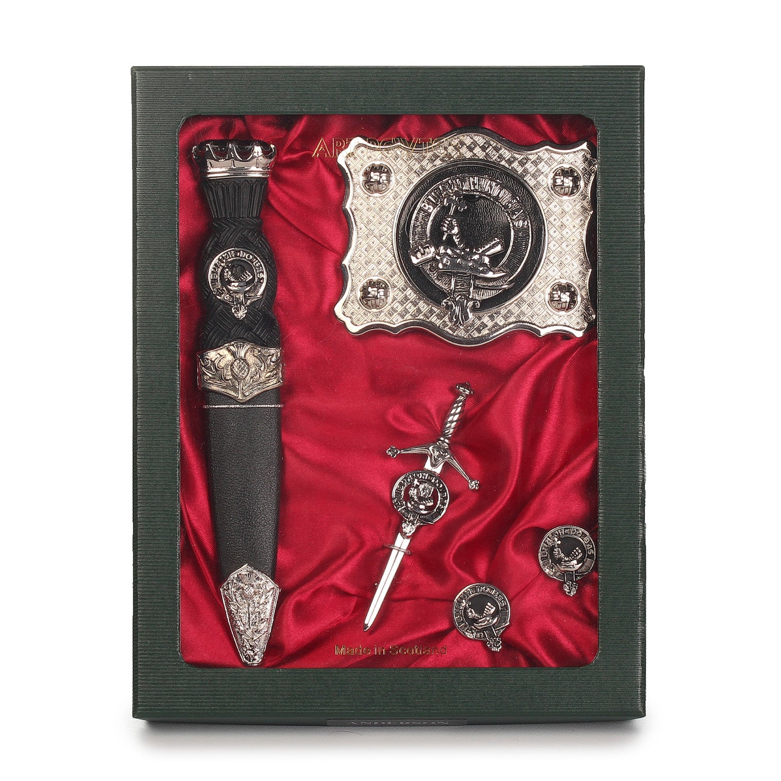 MacDougall Clan Badge, Kilt Pin, Lapel Pin, Cufflinks, Keyring/Key Fob & Gift Set — Fine Pewter by Art Pewter — Made in Scotland (Shiny Finish) - Heritage Of Scotland - Gift Set