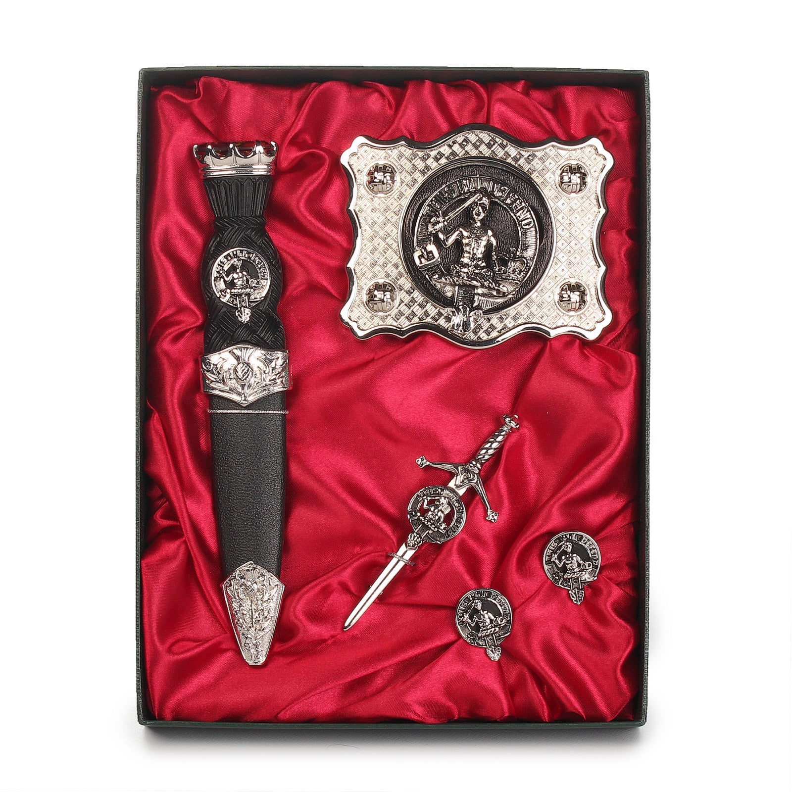 MacFarlane Clan Badge, Kilt Pin, Lapel Pin, Cufflinks, Keyring/Key Fob & Gift Set — Fine Pewter by Art Pewter — Made in Scotland (Shiny Finish) - Heritage Of Scotland - Gift Set