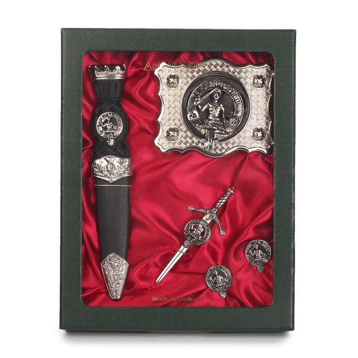 MacFarlane Clan Badge, Kilt Pin, Lapel Pin, Cufflinks, Keyring/Key Fob & Gift Set — Fine Pewter by Art Pewter — Made in Scotland (Shiny Finish) - Heritage Of Scotland - Gift Set