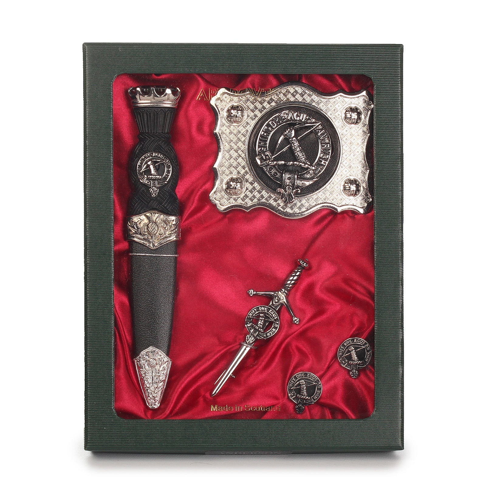 MacInnes Clan Badge, Kilt Pin, Lapel Pin, Cufflinks, Keyring/Key Fob & Gift Set — Fine Pewter by Art Pewter — Made in Scotland (Shiny Finish) - Heritage Of Scotland - Badge