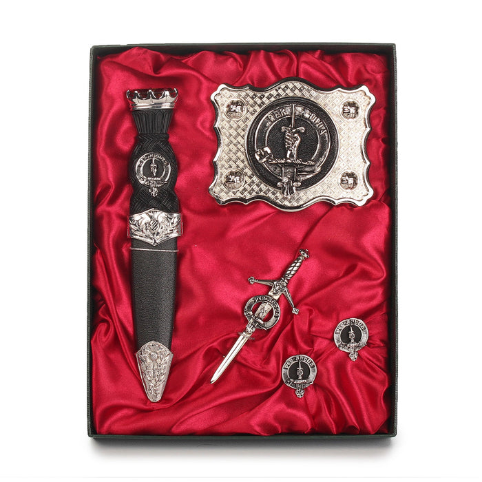 MacIntyre Clan Badge, Kilt Pin, Lapel Pin, Cufflinks, Keyring/Key Fob & Gift Set — Fine Pewter by Art Pewter — Made in Scotland (Shiny Finish) - Heritage Of Scotland - Gift Set