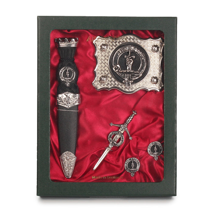 MacIntyre Clan Badge, Kilt Pin, Lapel Pin, Cufflinks, Keyring/Key Fob & Gift Set — Fine Pewter by Art Pewter — Made in Scotland (Shiny Finish) - Heritage Of Scotland - Gift Set