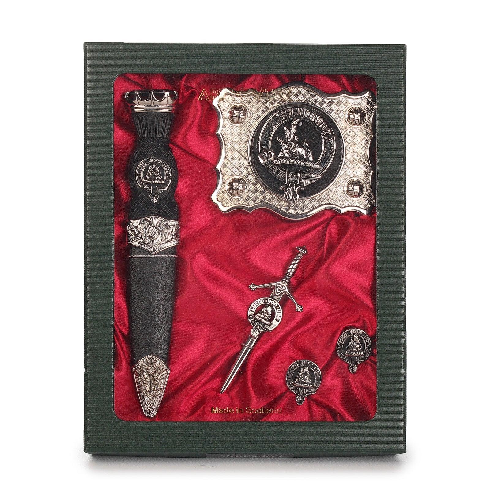 MacKenzie Clan Badge, Kilt Pin, Lapel Pin, Cufflinks, Keyring/Key Fob & Gift Set — Fine Pewter by Art Pewter — Made in Scotland (Shiny Finish) - Heritage Of Scotland - Gift Set