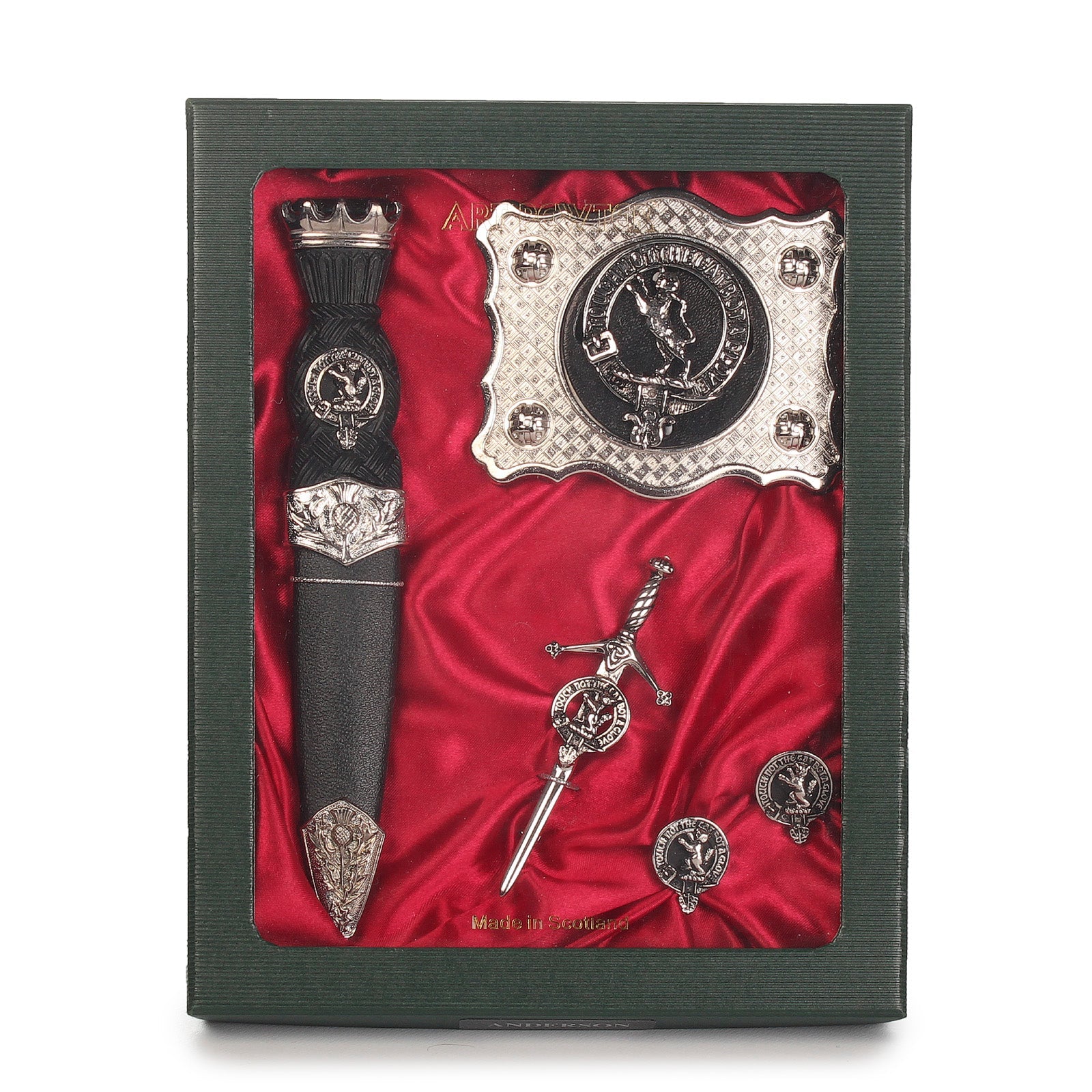 MacKintosh Clan Badge, Kilt Pin, Lapel Pin, Cufflinks, Keyring/Key Fob & Gift Set — Fine Pewter by Art Pewter — Made in Scotland (Shiny Finish) - Heritage Of Scotland - Gift Set