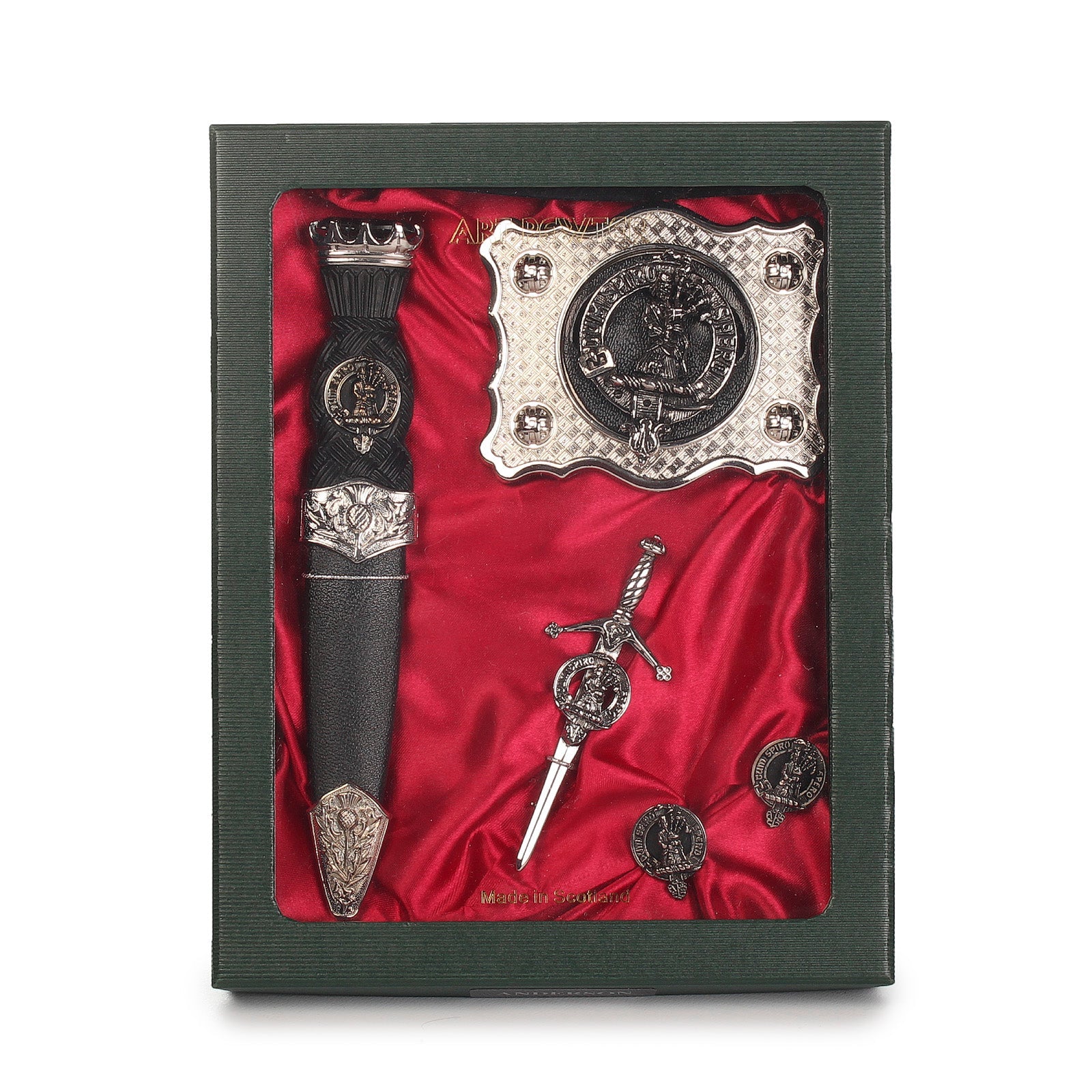 MacMillan Clan Badge, Kilt Pin, Lapel Pin, Cufflinks, Keyring/Key Fob & Gift Set — Fine Pewter by Art Pewter — Made in Scotland (Shiny Finish) - Heritage Of Scotland - Gift Set