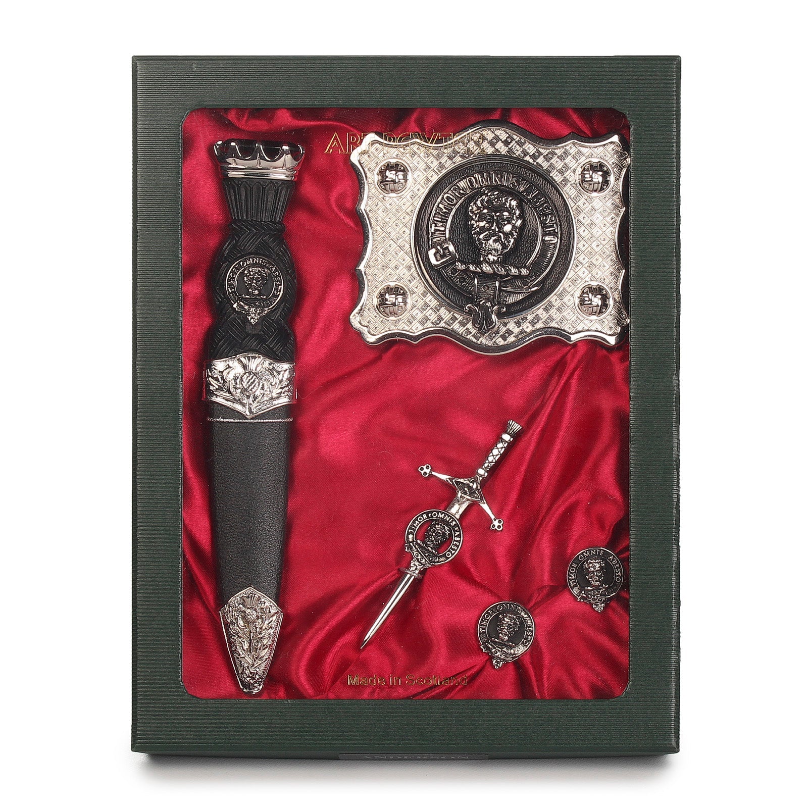 MacNab Clan Badge, Kilt Pin, Lapel Pin, Cufflinks, Keyring/Key Fob & Gift Set — Fine Pewter by Art Pewter — Made in Scotland (Shiny Finish) - Heritage Of Scotland - Gift Set