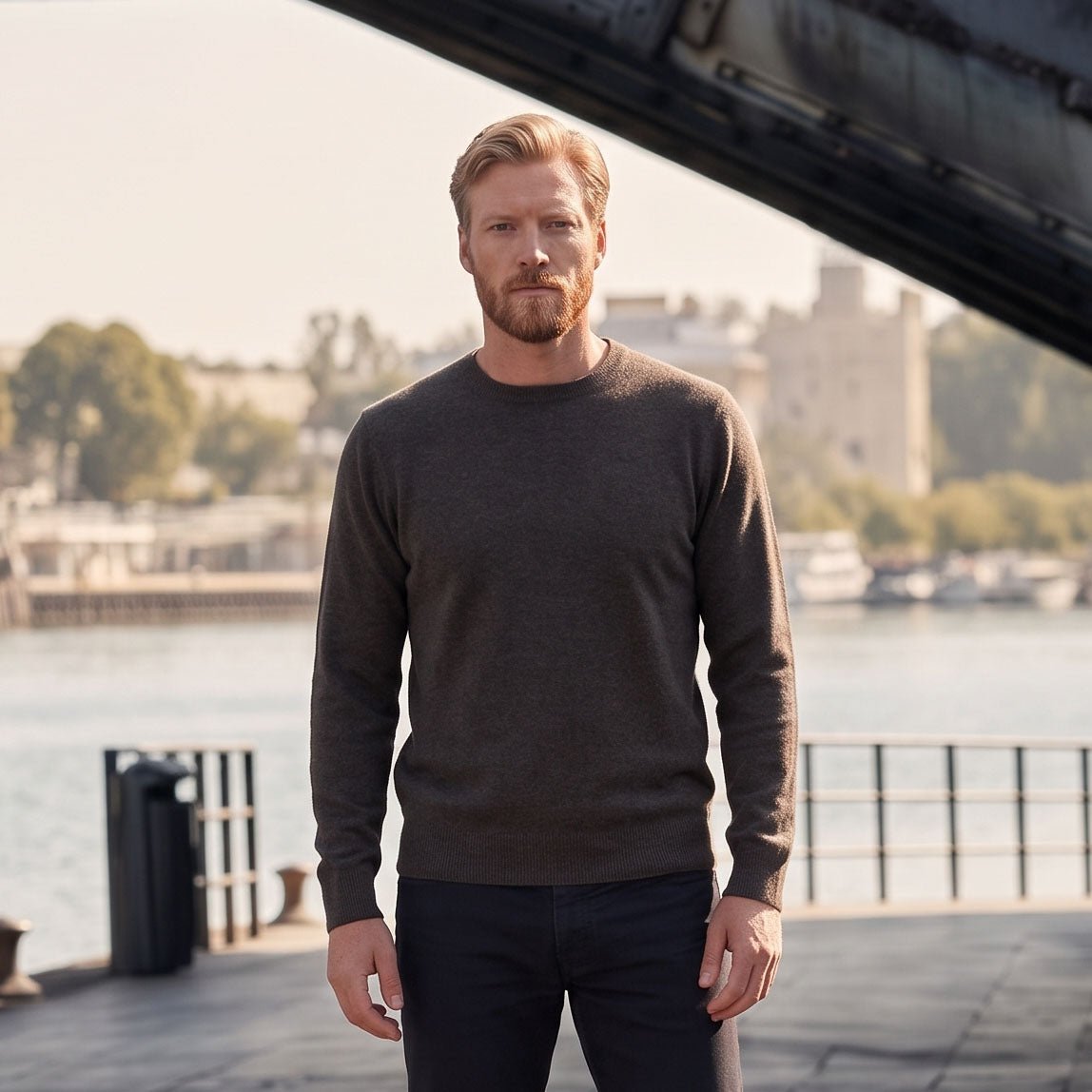 Men's Dunedin Cashmere 100% Cashmere Crew Neck Jumper - Ptarmigan - Heritage Of Scotland - XS