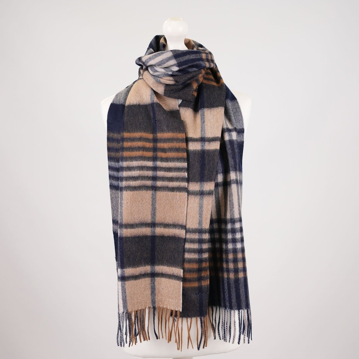 Premium 100% Pure Cashmere Wide Fringed Scarf - SQUARE GINGHAM NAVY CAMEL - Heritage Of Scotland -