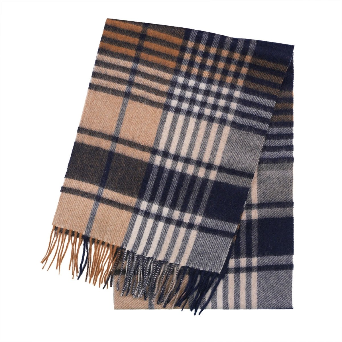 Premium 100% Pure Cashmere Wide Fringed Scarf - SQUARE GINGHAM NAVY CAMEL - Heritage Of Scotland -